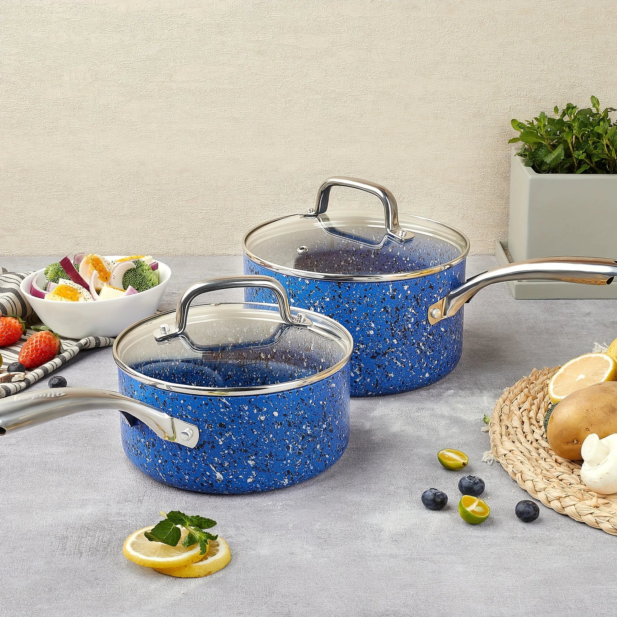 HLAFRG Sauce Pan Set with Lid, Nonstick 2Qt & 3Qt Pot Set with Lid, Small Pot with Stainless Steel Handle, Blue Pot Set