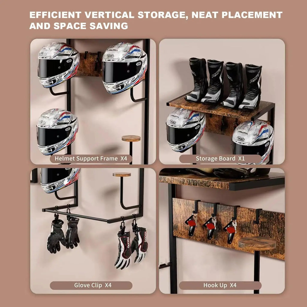 Motorcycle Helmet Holder Wall Mount, Iron Storage Motorcycle Helmet Rack with Hooks, 4 Hat Stands & 4 Gloves Clips