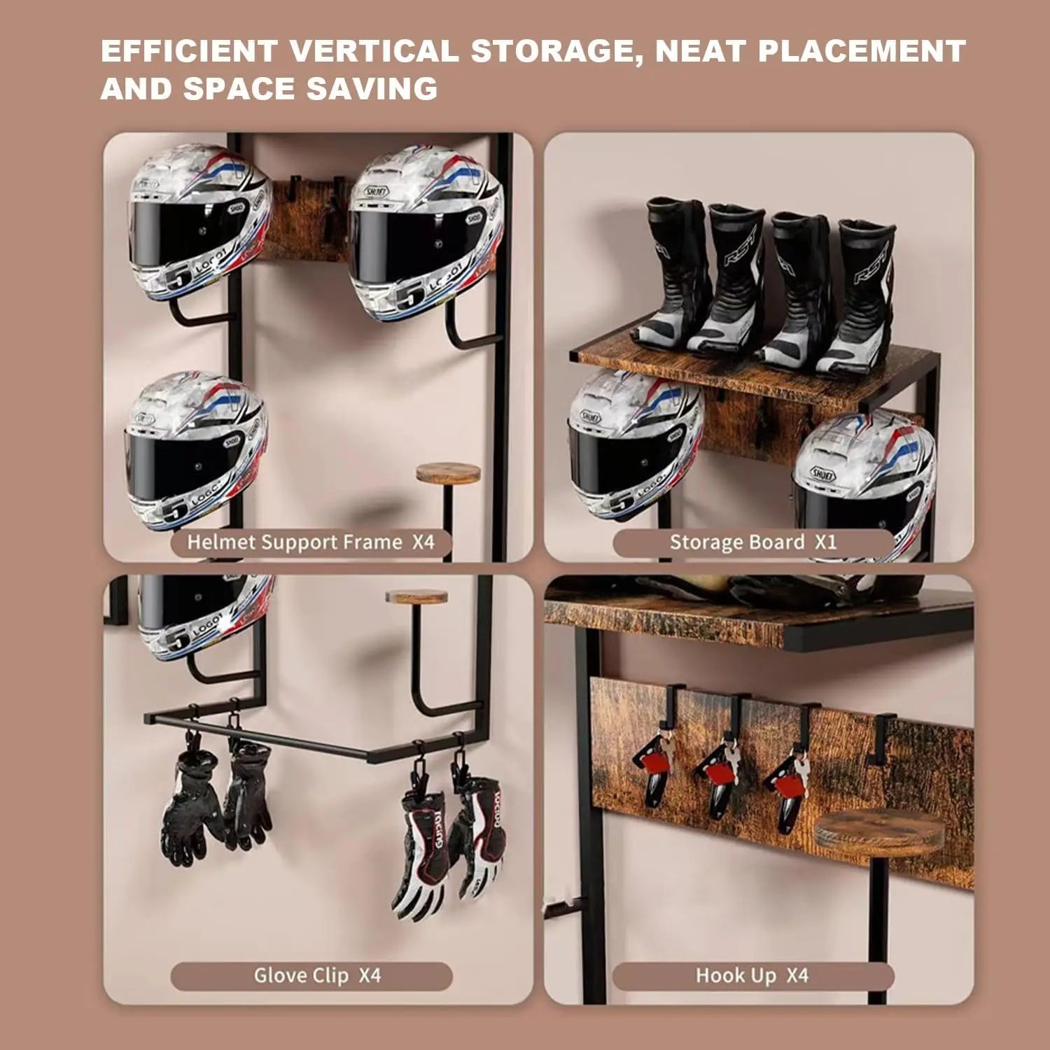 Motorcycle Helmet Holder Wall Mount, Iron Storage Motorcycle Helmet Rack with Hooks, 4 Hat Stands & 4 Gloves Clips