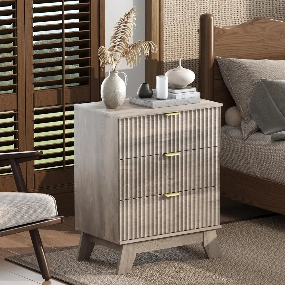Nightstand Set 2, Bedside Table with 3 Drawers, Mid Century Modern Fluted Wood End Table, Farmhouse Nightstand for Bedroom, Grey