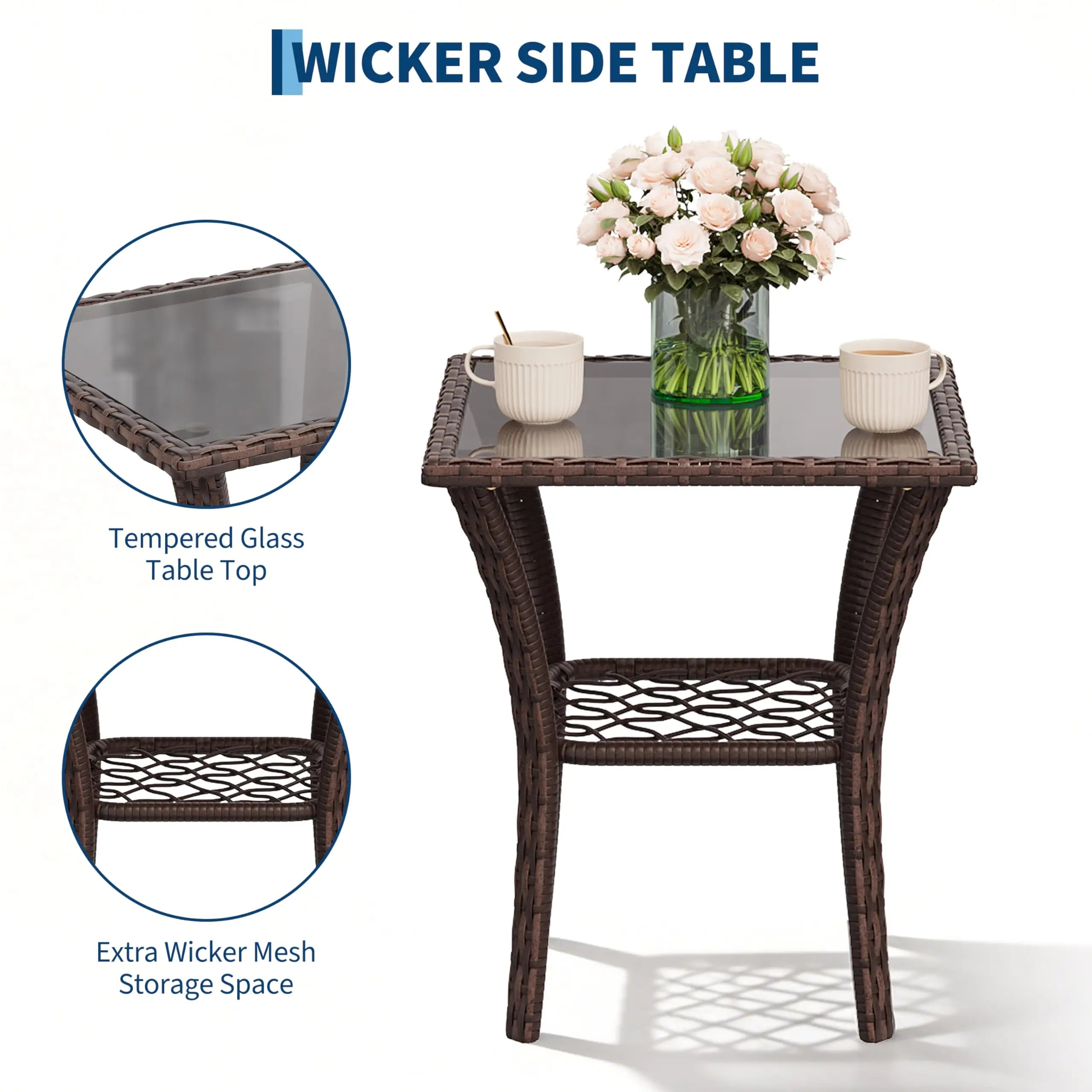 Outdoor Wicker Conversation Set, 3 PCS Swivel Rocker Chairs With Thick Cushions & Tempered Glass Table For Balcony Porch Patio