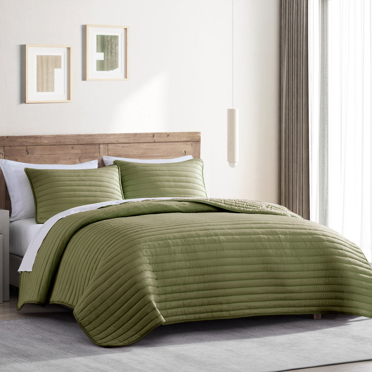 Puffer Quilted Comforter Set with Channel Quilting - Green or Navy