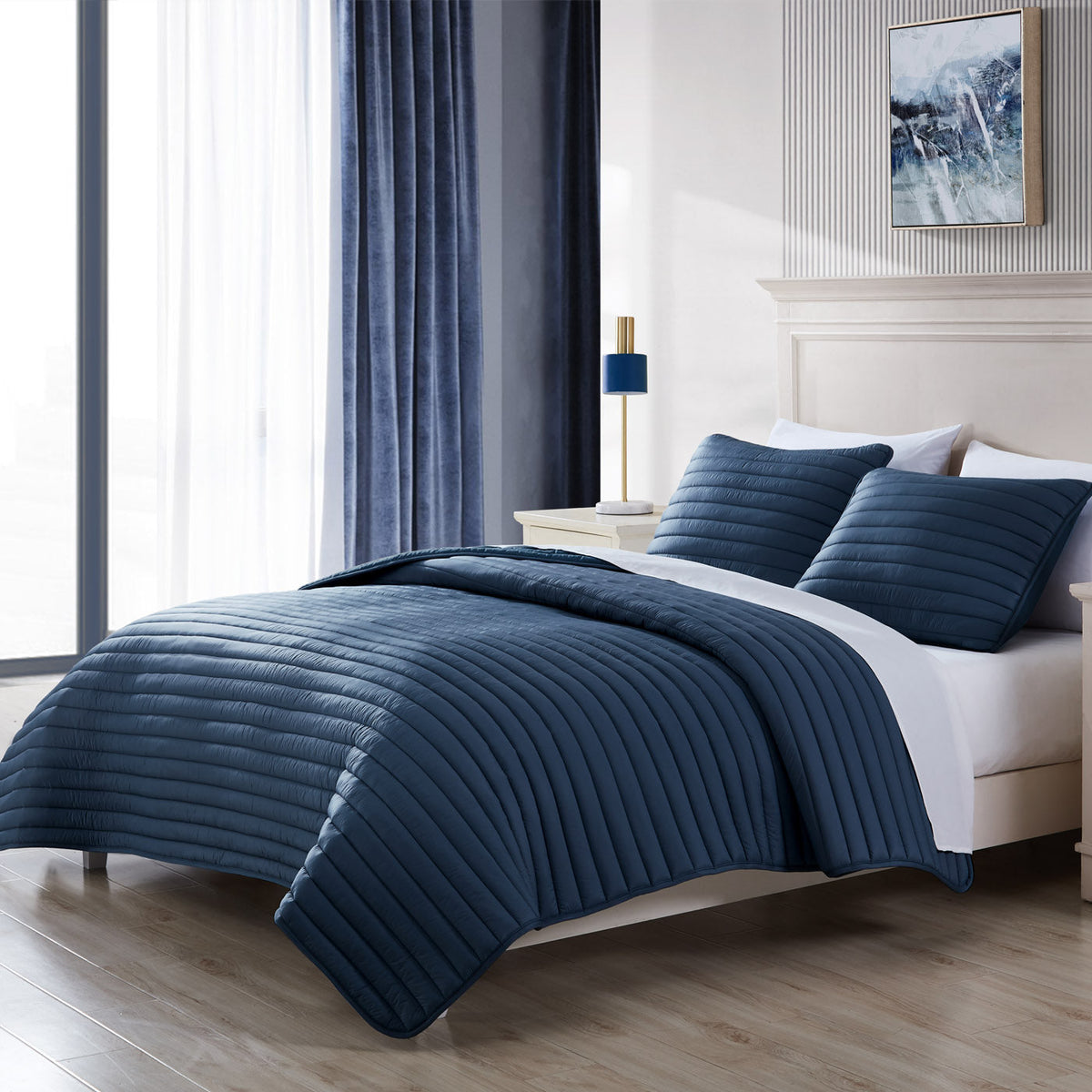Puffer Quilted Comforter Set with Channel Quilting - Green or Navy