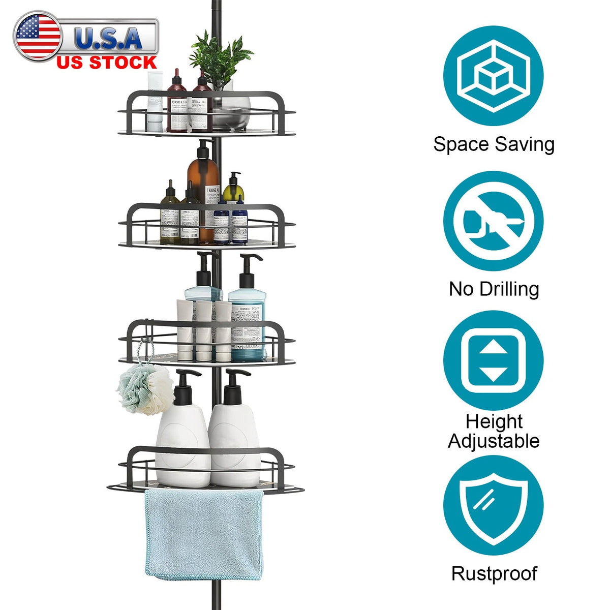 Rust-Resistant Corner Shower Caddy For Bathroom 4 Height Adjustable Shelves With Tension Pole Towel Bar Hanging Hook Floor Standing Bath Storage Rack