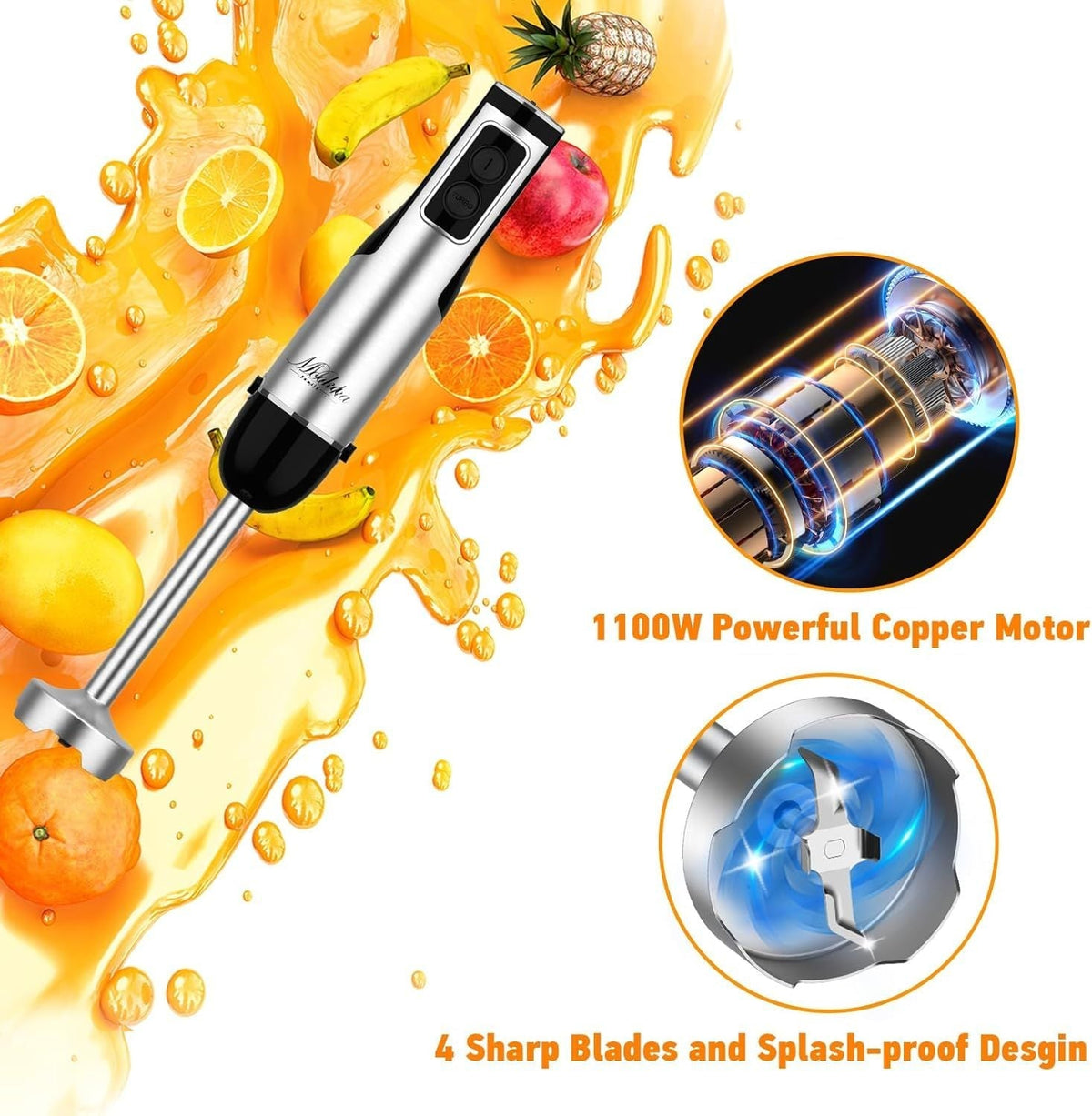 Immersion Blender Handheld, 1100W 5-in-1 Multi-Purpose Hand Blender, 12-Speed Stick Blender, 600ml Beaker, 500ml Chopper, Egg Whisk, Milk Frother, Black